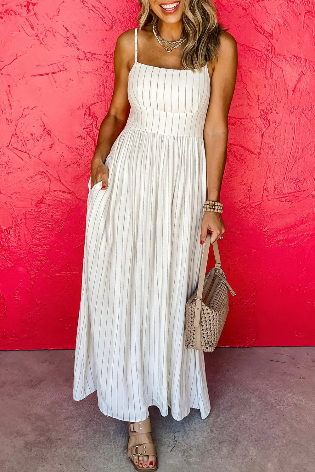 White Stripe Pocketed High Waist Maxi Dress Florida Girl Fashion Boutique