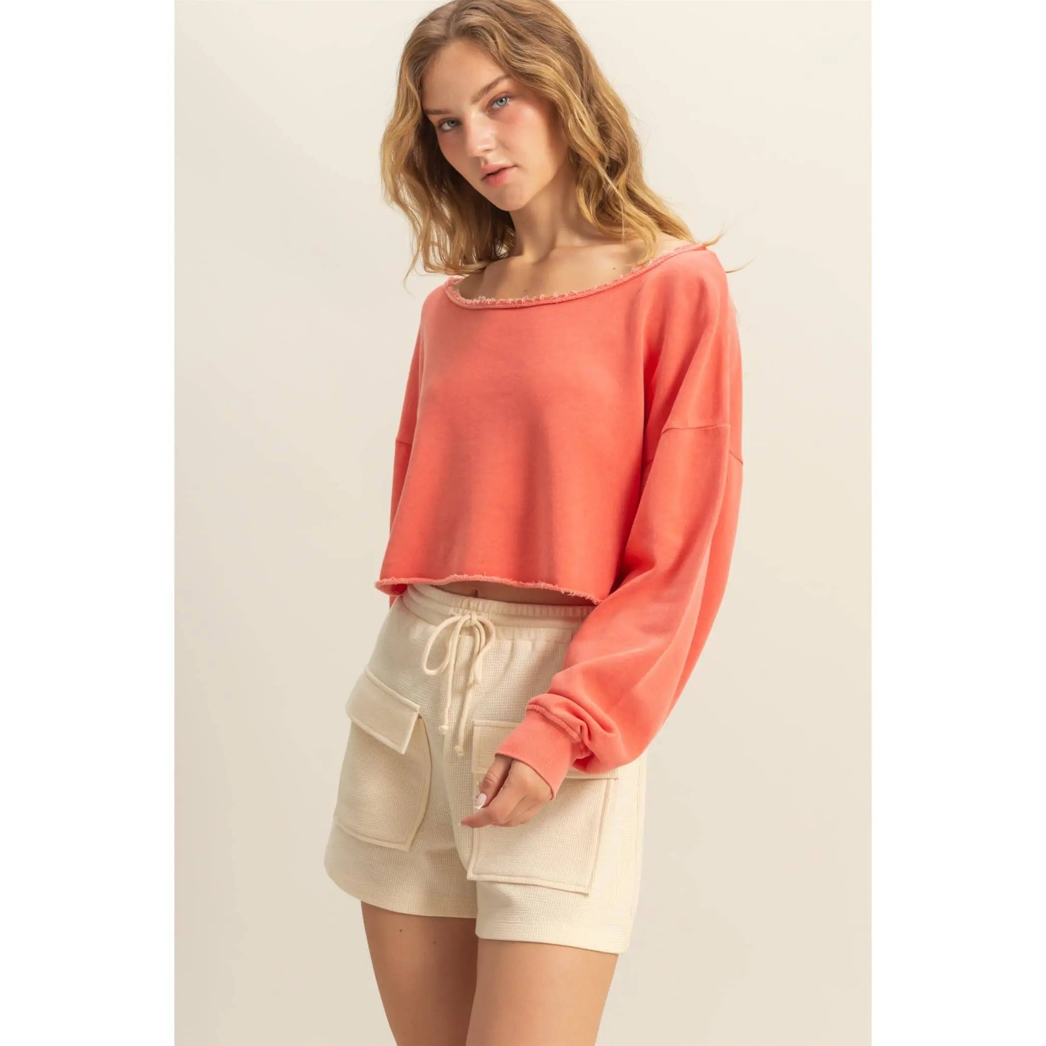 Frayed Detail Long Sleeve Crop Top HYFVE