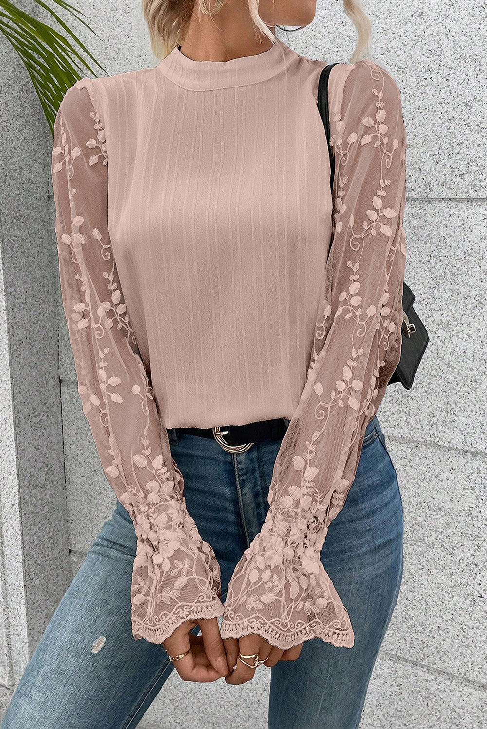 Apricot Lace Sleeve Mock Neck Blouse Florida Girl Fashion Boutique