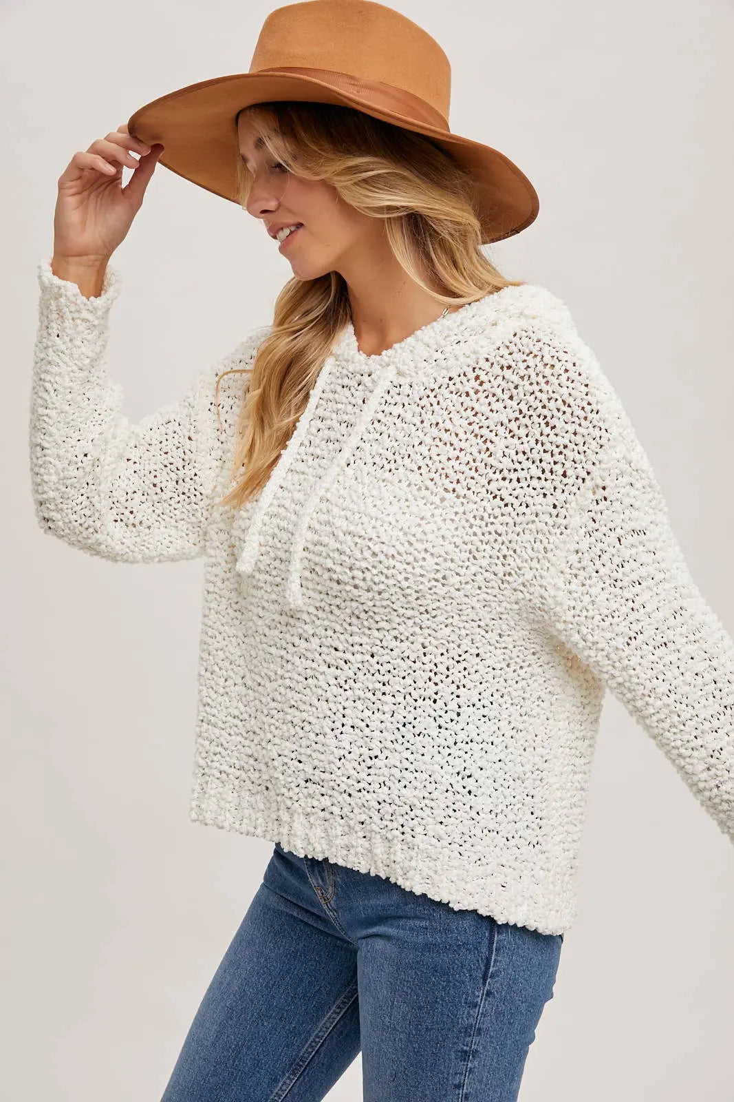 Popcorn Knit Hooded Sweater Bluivy