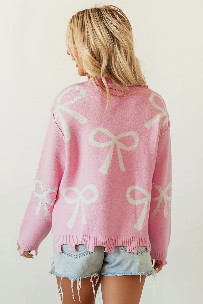 Pearl Beaded Bowknot Distressed Hem Sweater Florida Girl Fashion Boutique
