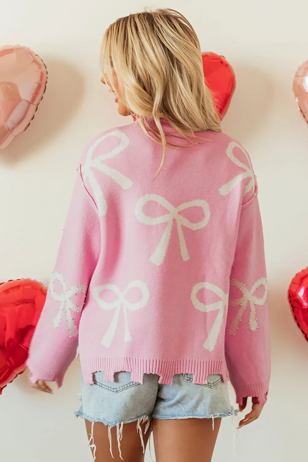 Pearl Beaded Bowknot Distressed Hem Sweater Florida Girl Fashion Boutique