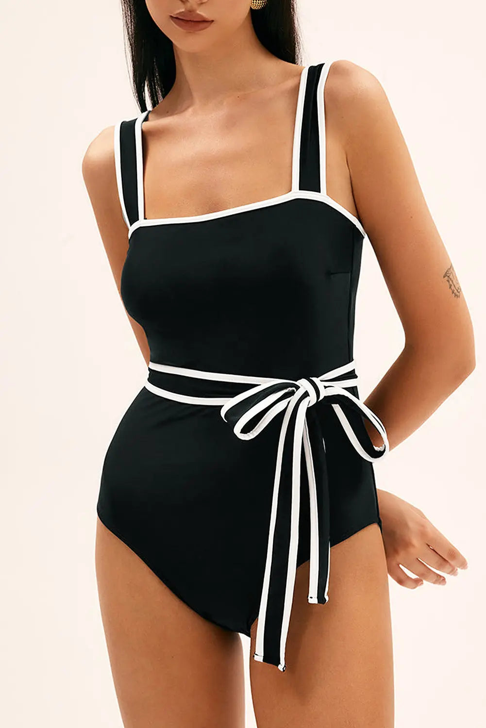 Black Colorblock Edge Belted One Piece Swimsuit Florida Girl Fashion Boutique