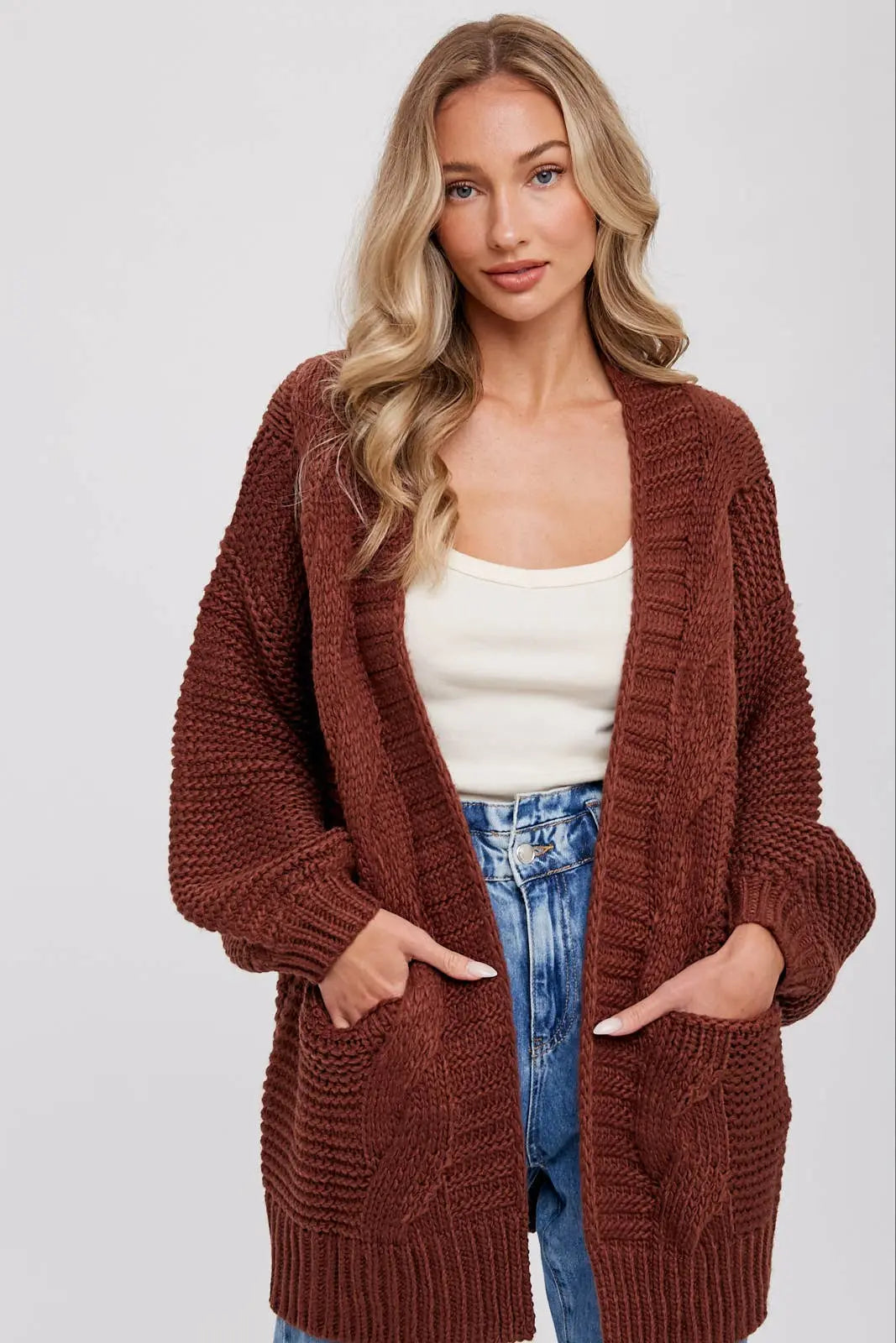 CHUNKY CABLE LANTERN SLEEVE CARDIGAN Bluivy