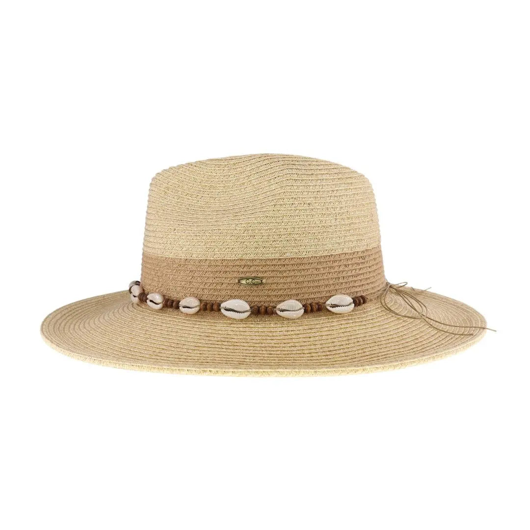Two-Tone Shell & Wood Bead Trim Panama Hat C.C Beanie