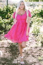 Strawberry Pink Checkered Puff Sleeve Babydoll Dress Florida Girl Fashion Boutique