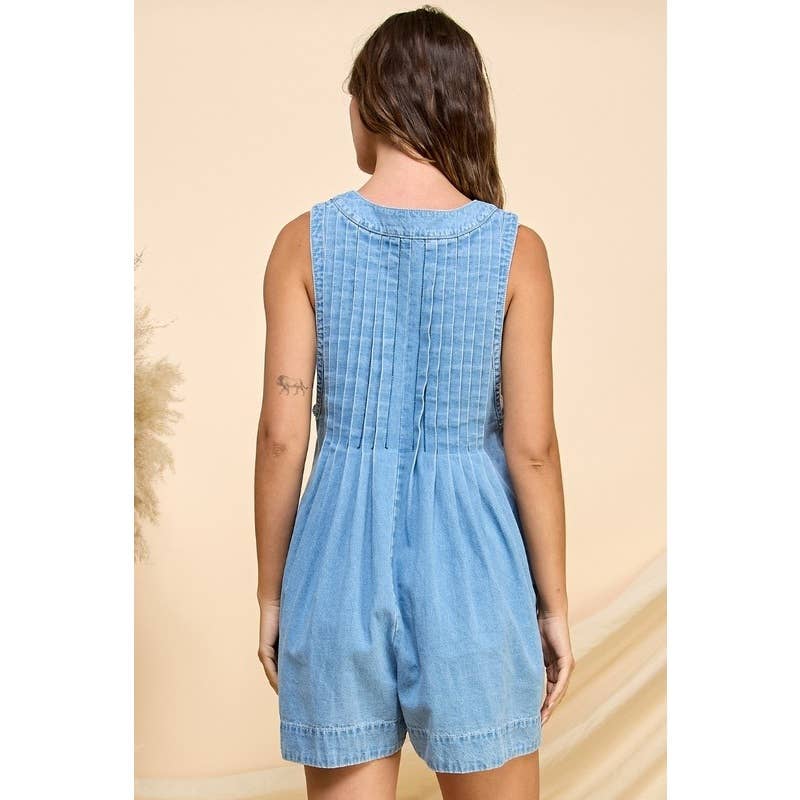 Denim V Neck Sleeveless Romper with Tie Veveret